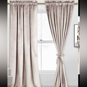 Beige 52x108” Velvet Blackout Curtains w/Tiebacks